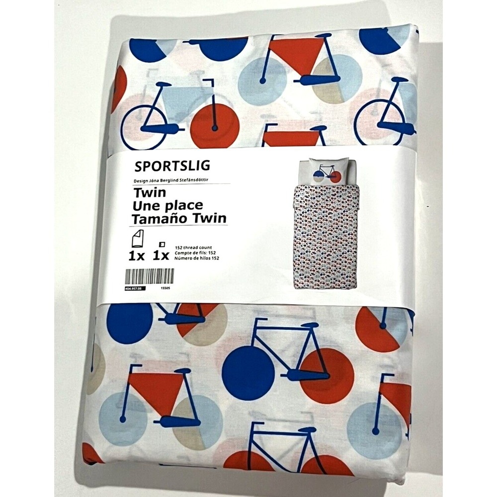 Ikea Sportslig Twin Duvet Cover + 1 Pillowcase Bicycle Pattern White Blue Orange